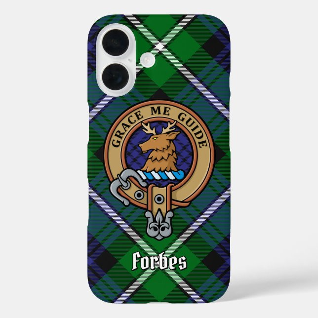 Clan Forbes Wappen über Tartan iPhone 16 Hülle (Rückseite)