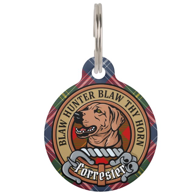 Clan Forrester Wappen über Tartan Haustiermarke (Vorderseite)