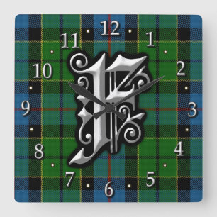 Clan Forsyth Forsythe Letter F Monogram Tartan Quadratische Wanduhr