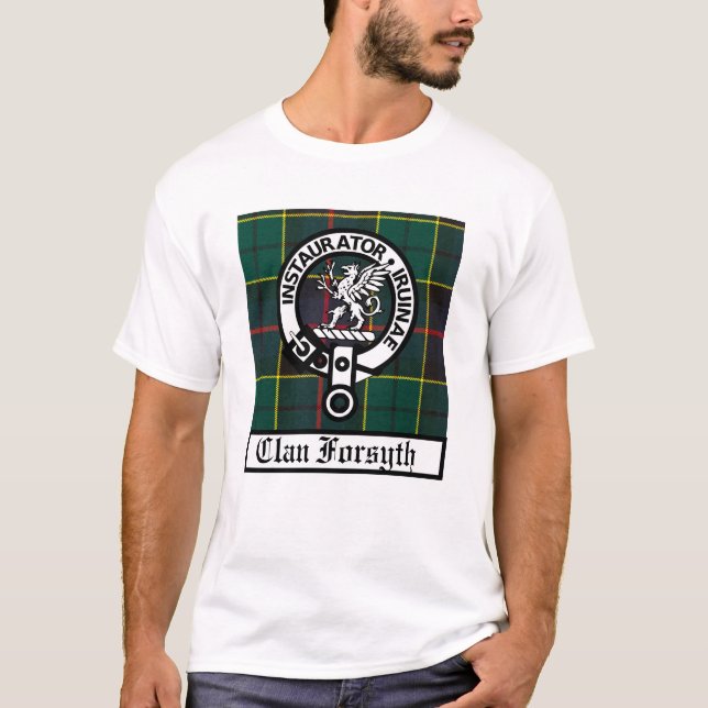 Clan Forsyth Wappen Abzeichen und Tartan T-Shirt (Vorderseite)