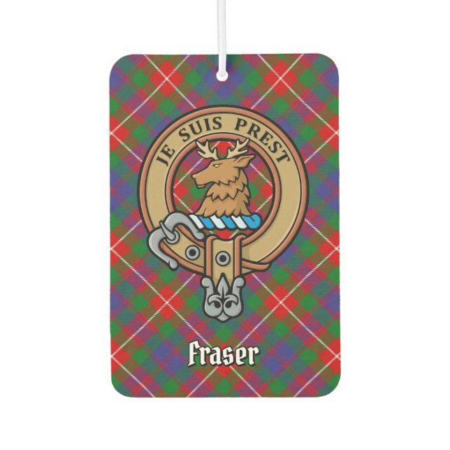 Clan Fraser von Lovat Wappen über Tartan Autolufterfrischer (Vorderseite)
