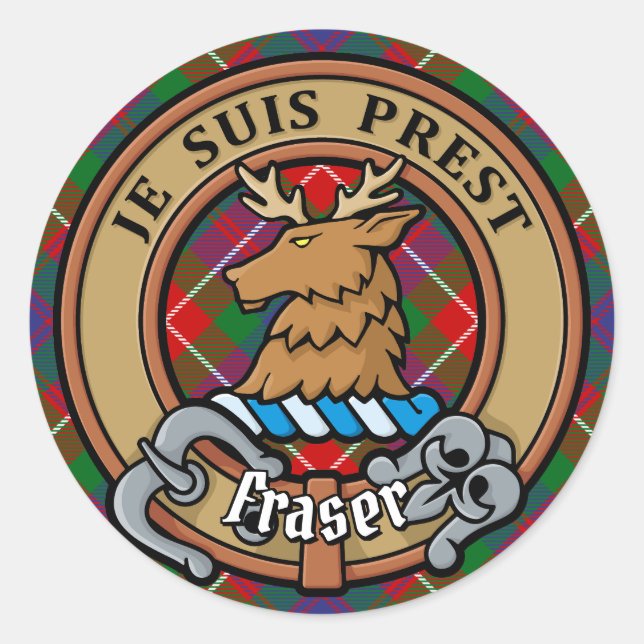 Clan Fraser von Lovat Wappen über Tartan Runder Aufkleber (Vorderseite)