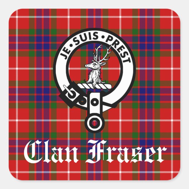 Clan Fraser Wappen Abzeichen und Tartan Quadratischer Aufkleber (Vorderseite)