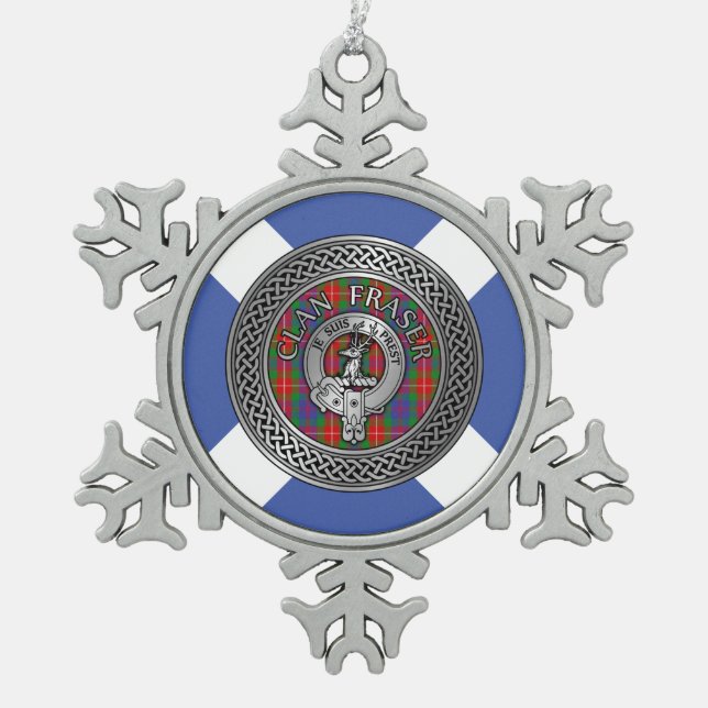 Clan Fraser Wappen & Tartan Knot Schneeflocken Zinn-Ornament (Vorderseite)