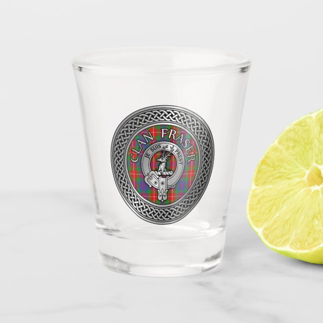 Clan Fraser Wappen & Tartan Knot Shot Glass Schnapsglas (Vorderseite)