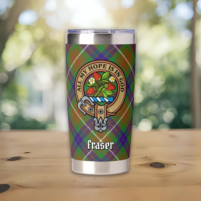 Clan Fraser Wappen über Jagd auf Tartan Thermobecher (Von Creator hochgeladen)