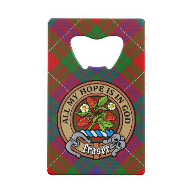 Clan Fraser Wappen über Tartan Geldbeutel Flaschenöffner (Vorderseite)