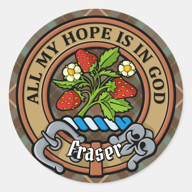 Clan Fraser Wappen über Wetterjagd Tartan Runder Aufkleber (Vorderseite)