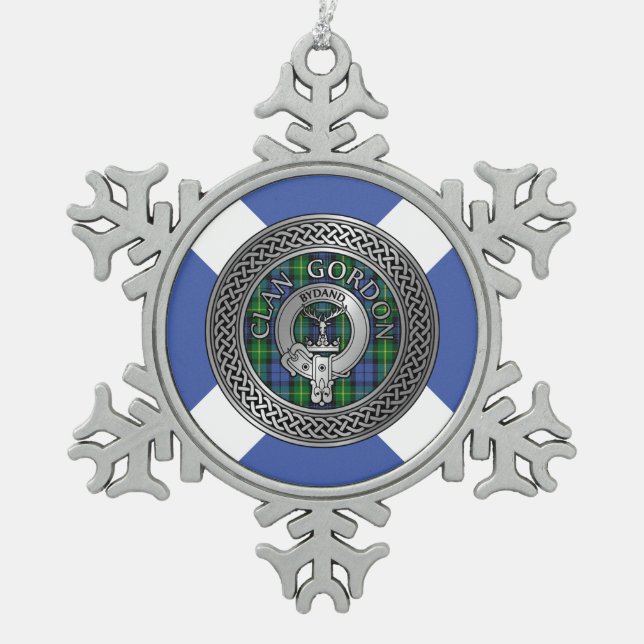 Clan Gordon Wappen & Tartan Knot Schneeflocken Zinn-Ornament (Vorderseite)