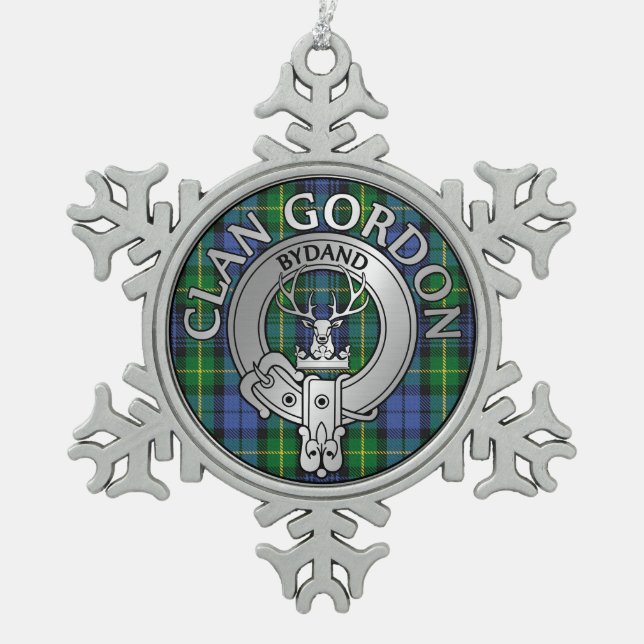 Clan Gordon Wappen & Tartan Schneeflocken Zinn-Ornament (Vorderseite)