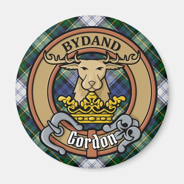 Clan Gordon Wappen über Dress Tartan Magnet (Vorne)