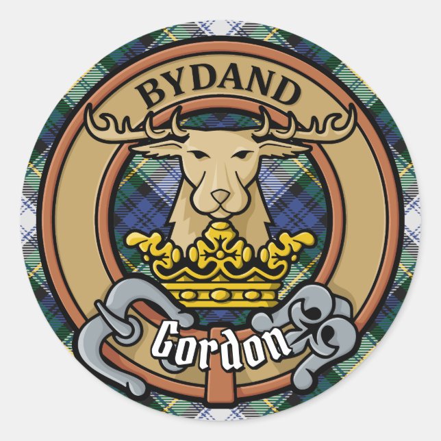 Clan Gordon Wappen über Dress Tartan Runder Aufkleber (Vorderseite)