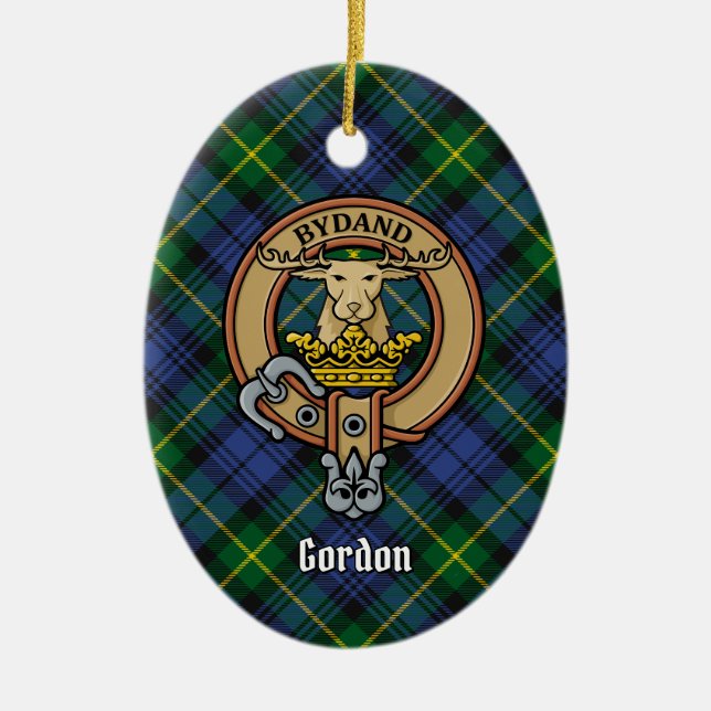 Clan Gordon Wappen über Tartan Keramik Ornament (Vorne)