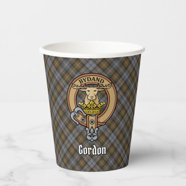 Clan Gordon Wappen über verwitterte Tartan-Papierk Pappbecher (Vorderseite)