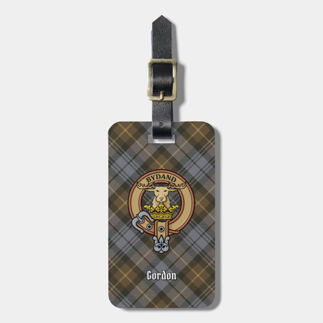 Clan Gordon Wappen über Wetterfest Tartan Gepäckanhänger (Vorderseite vertikal)
