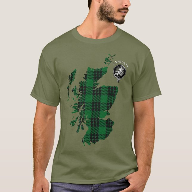 Clan Graham Tartan Karte und Wappen T - Shirt (Vorderseite)