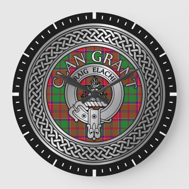 Clan Grant Crest & Tartan Knot Große Wanduhr (Vorderseite)