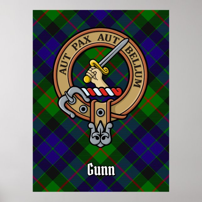 Clan Gunn Wappen über Tartan Poster (Vorne)