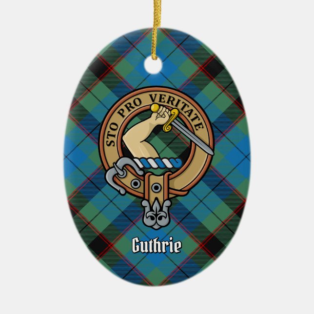 Clan Guthrie Wappen über Tartan Keramik Ornament (Vorne)