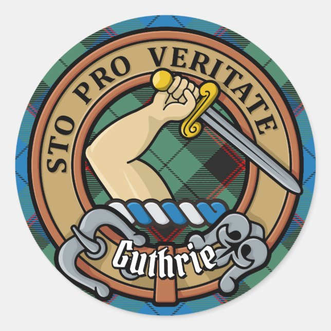 Clan Guthrie Wappen über Tartan Runder Aufkleber (Vorderseite)