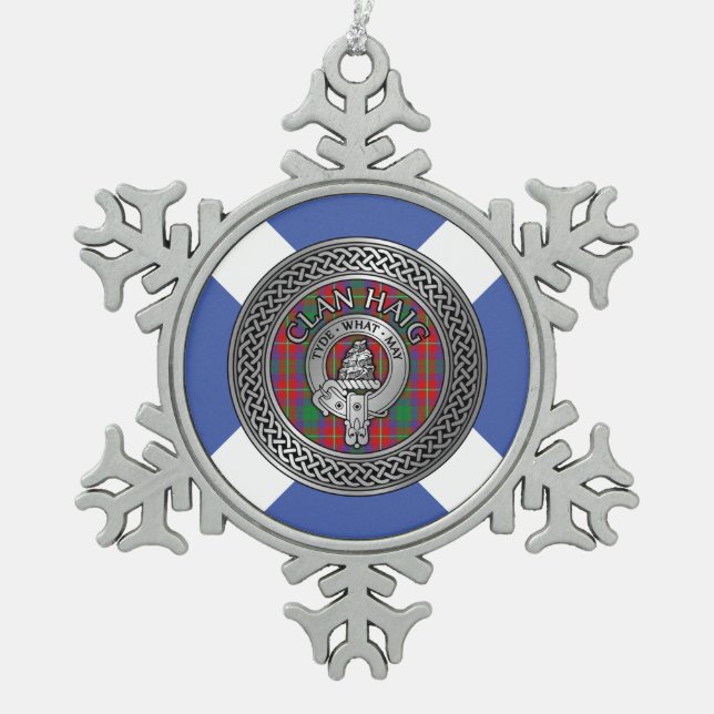 Clan Haig Wappen & Tartan Knot Schneeflocken Zinn-Ornament (Vorderseite)