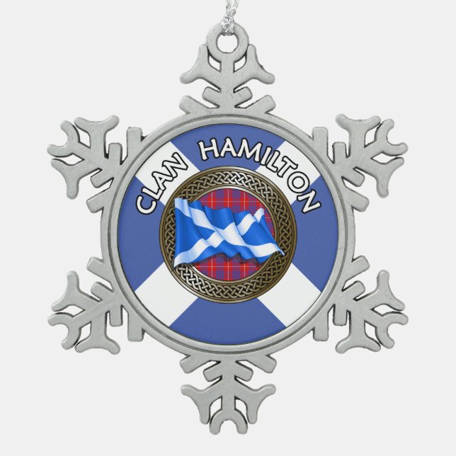 Clan Hamilton Tartan Knot & Flag Schneeflocken Zinn-Ornament (Vorderseite)