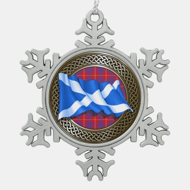 Clan Hamilton Tartan Knot & Flag Schneeflocken Zinn-Ornament (Vorderseite)