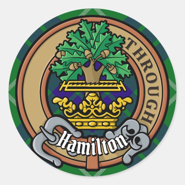 Clan Hamilton Wappen über Jagd Tartan Runder Aufkleber (Vorderseite)