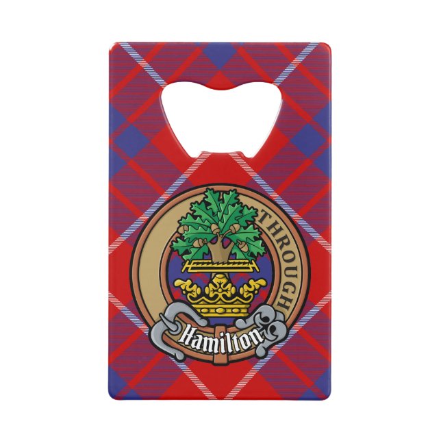 Clan Hamilton Wappen über Red Tartan Geldbeutel Flaschenöffner (Vorderseite)