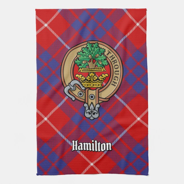 Clan Hamilton Wappen über Red Tartan Kitetücher Geschirrtuch (Vertikal)