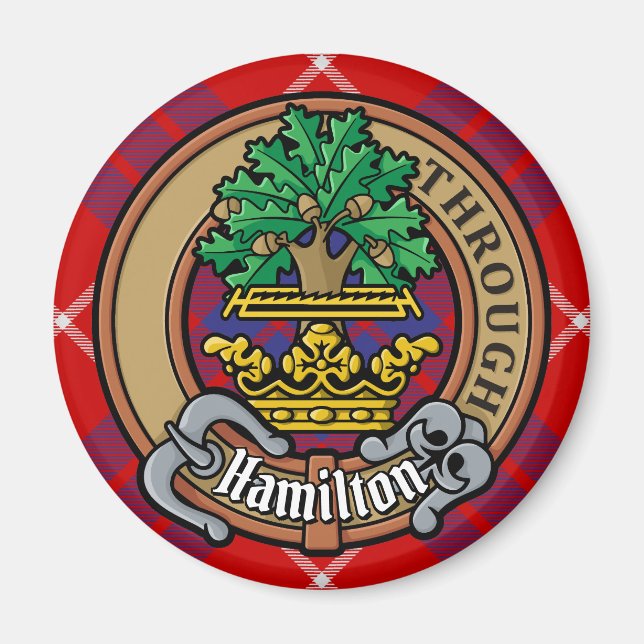 Clan Hamilton Wappen über Red Tartan Magnet (Vorne)