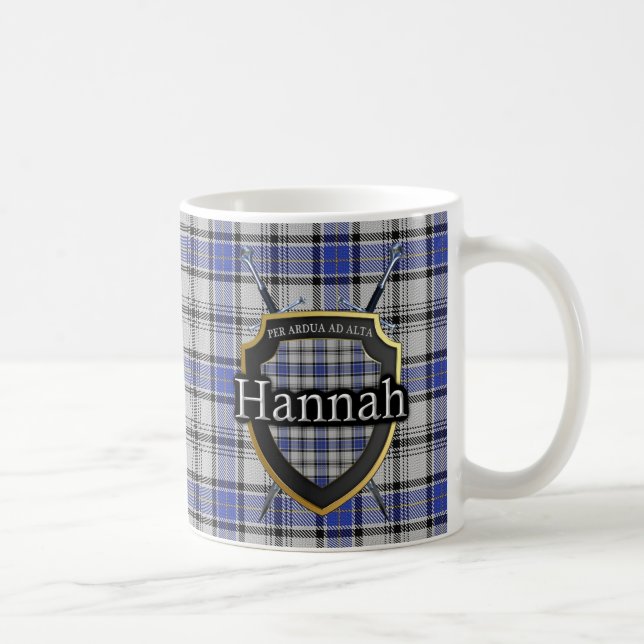Clan-Hannah Hannay Tartan-Schild gekreuzte Kaffeetasse (Rechts)