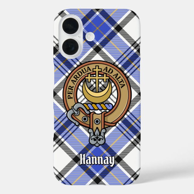 Clan Hannay Wappen über Tartan iPhone 16 Hülle (Rückseite)