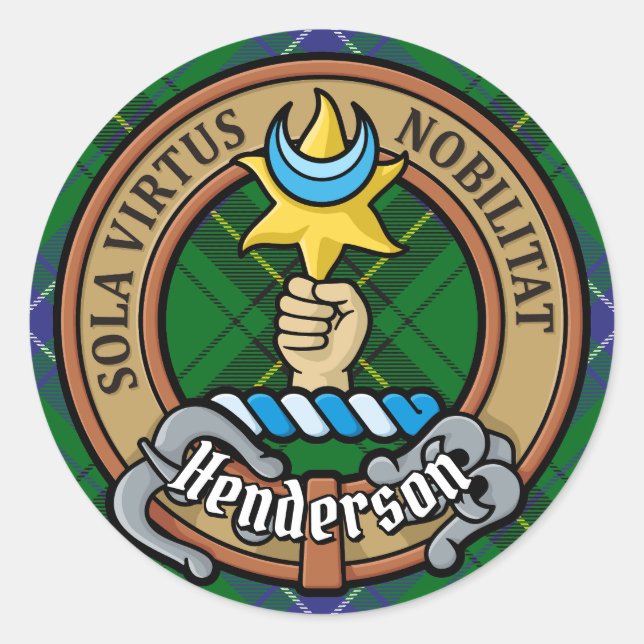 Clan Henderson Wappen über Tartan Runder Aufkleber (Vorderseite)