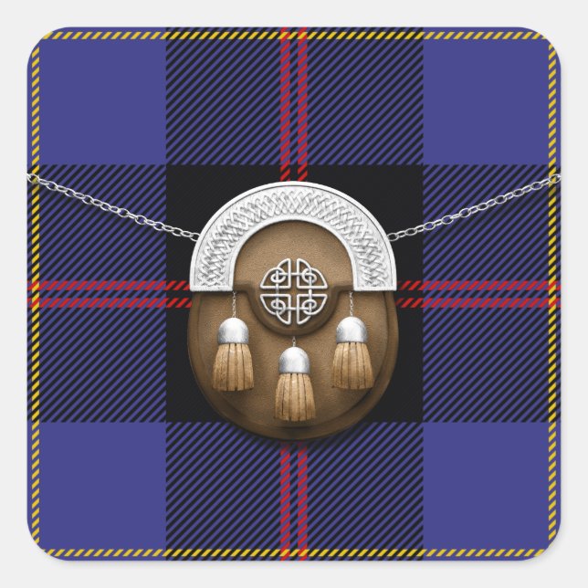 Clan Hill Tartan und Sporran Quadratischer Aufkleber (Vorderseite)