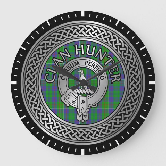 Clan Hunter Crest & Tartan Knot Große Wanduhr (Vorderseite)