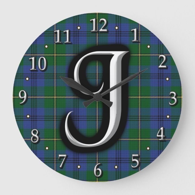 Clan Johnstone Johnston Letter J Monogram Tartan Große Wanduhr (Vorderseite)