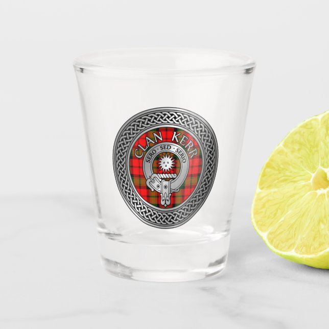Clan Kerr Wappen & Tartan Knot Schnapsglas (Vorderseite)