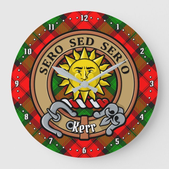 Clan Kerr Wappen über Tartan Große Wanduhr (Vorderseite)