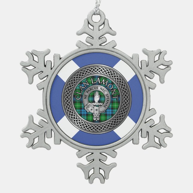 Clan Lamont Wappen & Tartan Knot Schneeflocken Zinn-Ornament (Vorderseite)