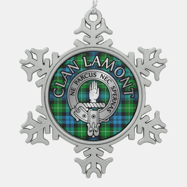 Clan Lamont Wappen & Tartan Schneeflocken Zinn-Ornament (Vorderseite)