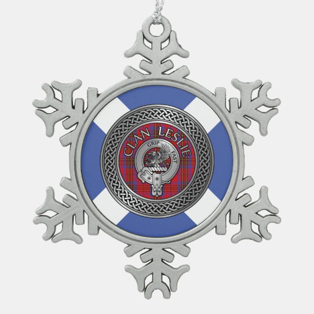 Clan Leslie Wappen & Tartan Knot Schneeflocken Zinn-Ornament (Vorderseite)