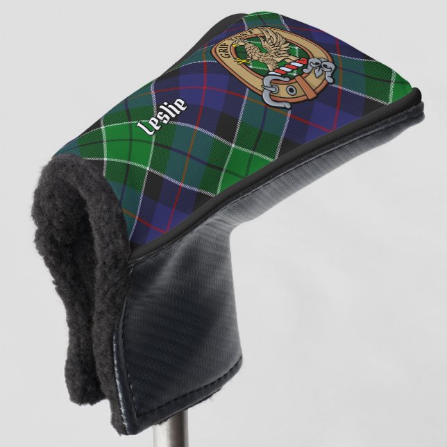 Clan Leslie Wappen über Jagd Tartan Golf Headcover (3/4 Vorderseite)