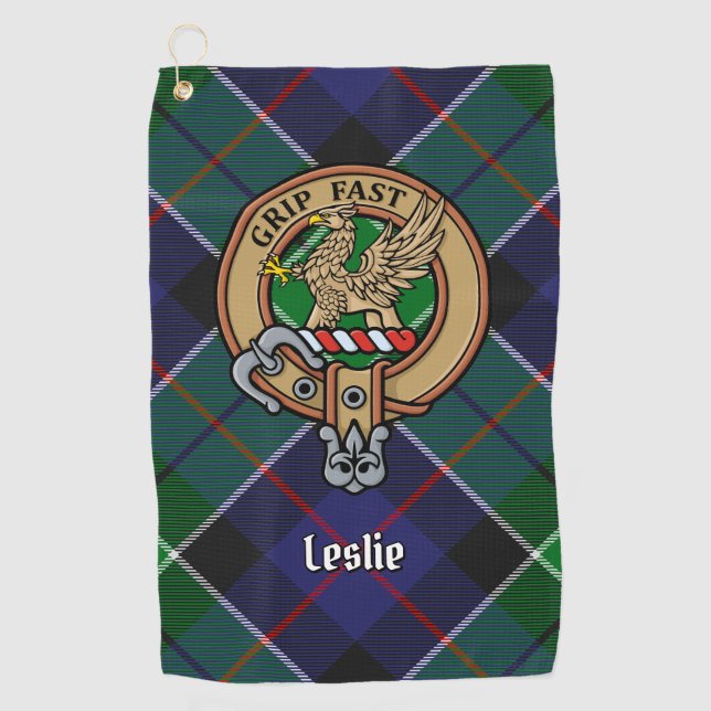 Clan Leslie Wappen über Jagd Tartan Golfhandtuch (Vorderseite)