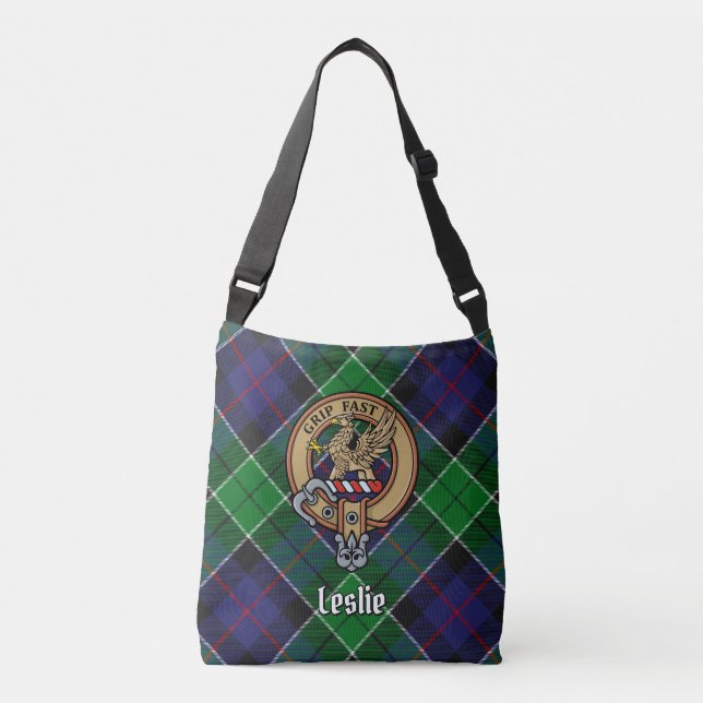 Clan Leslie Wappen über Jagd Tartan Tragetaschen Mit Langen Trägern (Vorderseite)