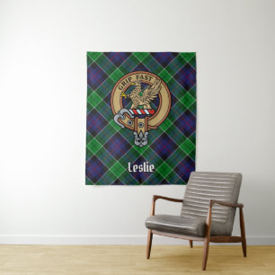 Clan Leslie Wappen über Jagd Tartan Wandteppich