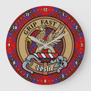 Clan Leslie Wappen über Red Tartan Große Wanduhr
