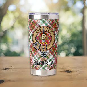 Clan MacAlister-Wappen über Dress-Tartan Thermobecher