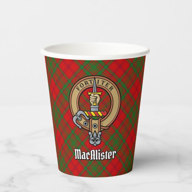Clan MacAlister Wappen über Glenbarr Tartan Pappbecher (Vorderseite)