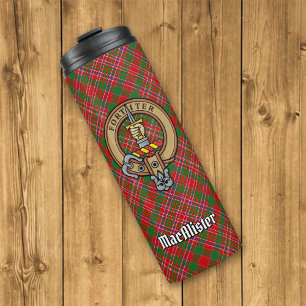 Clan MacAlister Wappen über Tartan Thermosbecher